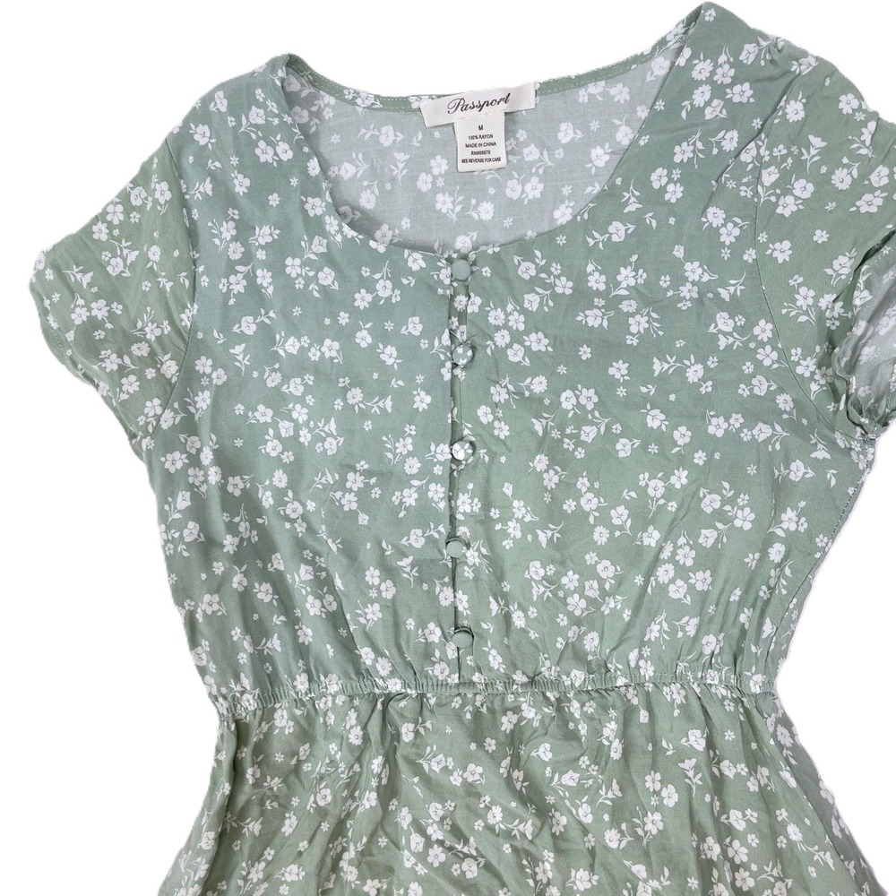 Passport Green V-Neck Tiered Dress White Ditsy Flowers M - Picture 2 of 9